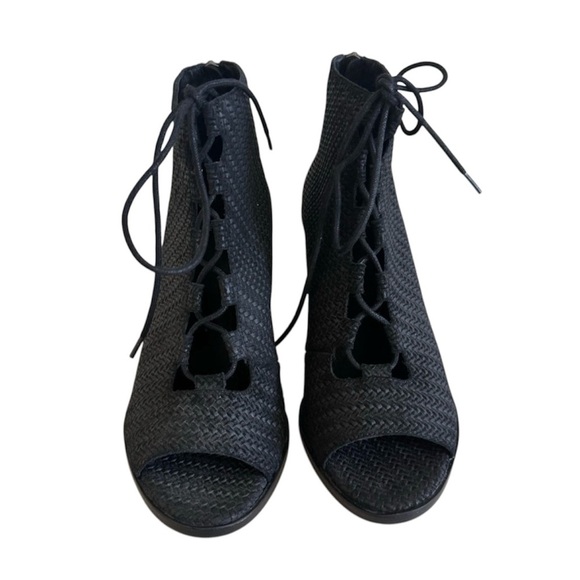 EILEEN FISHER Peep Booties Sandal Black Leather Lace Up Heels Size 9 - Picture 1 of 9